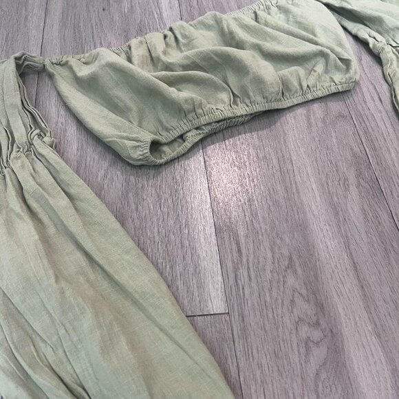 Green Linen Look Bardot Puff Sleeve Beach Top SZ 10 USA UK 14 - Picture 9 of 12